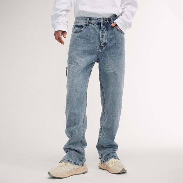

Men Zipper Detail Split Raw Hem Jeans, Medium wash