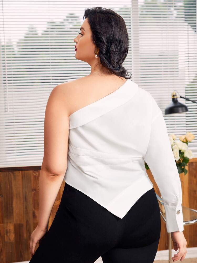 Modelyn Plus One Shoulder Hanky Hem Ruched Blouse - White - View 2