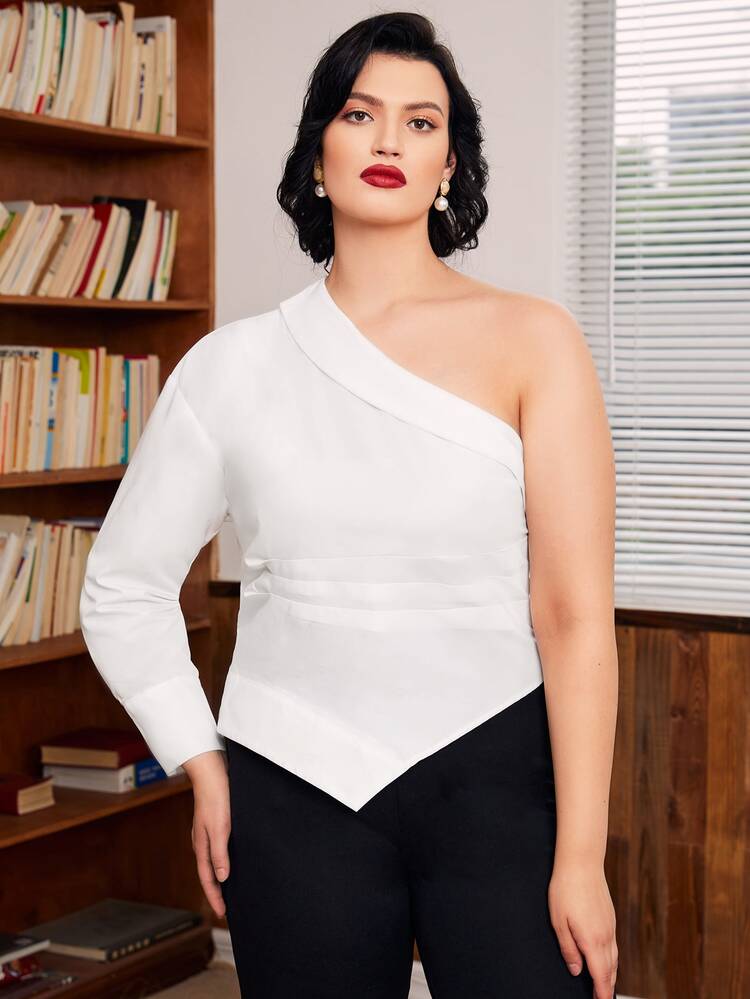 Modelyn Plus One Shoulder Hanky Hem Ruched Blouse - White - View 3