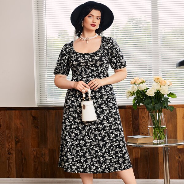 

Plus Scoop Neck Floral Print Dress, Black and white
