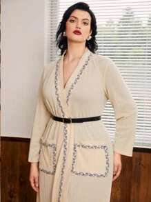 Modelyn Plus Patched Pocket Raw Trim Open Front Kimono Without Belt, For Summer Beach Vacation