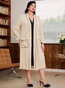 Modelyn Plus Patched Pocket Raw Trim Open Front Kimono Without Belt, For Summer Beach Vacation