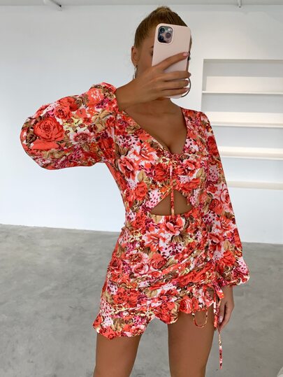 Joyfunear Floral Print Knot Front Cut Out Ruched Ruffle Hem Bodycon Dress