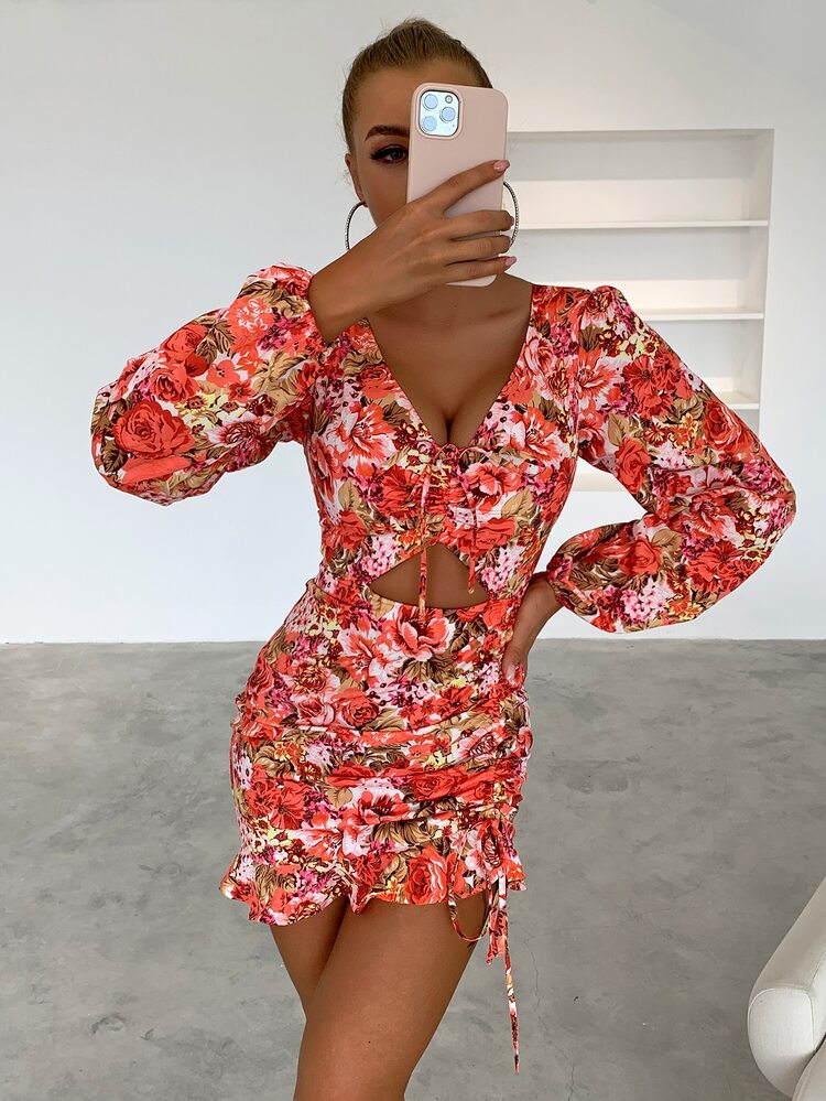 Joyfunear Floral Print Knot Front Cut Out Ruched Ruffle Hem Bodycon Dress - Multicolor - View 4