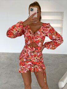 Joyfunear Floral Print Knot Front Cut Out Ruched Ruffle Hem Bodycon Dress - Multicolor - View 5