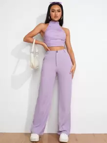 SHEIN EZwear 女式休闲纯色直筒裤 - 紫丁香色 - 查看 3