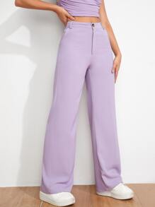 SHEIN EZwear 女式休闲纯色直筒裤 - 紫丁香色 - 查看 4