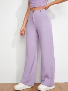 SHEIN EZwear 女式休闲纯色直筒裤 - 紫丁香色 - 查看 5