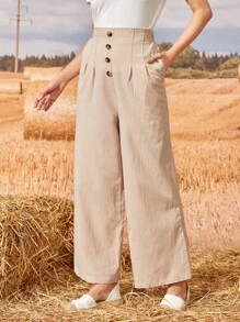 EMERY ROSE Pantalones de pierna ancha con botón fruncido con diseño