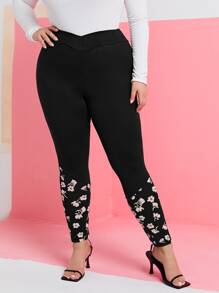 SHEIN Clasi Plus Floral Print High Waist Leggings - Black - View 3