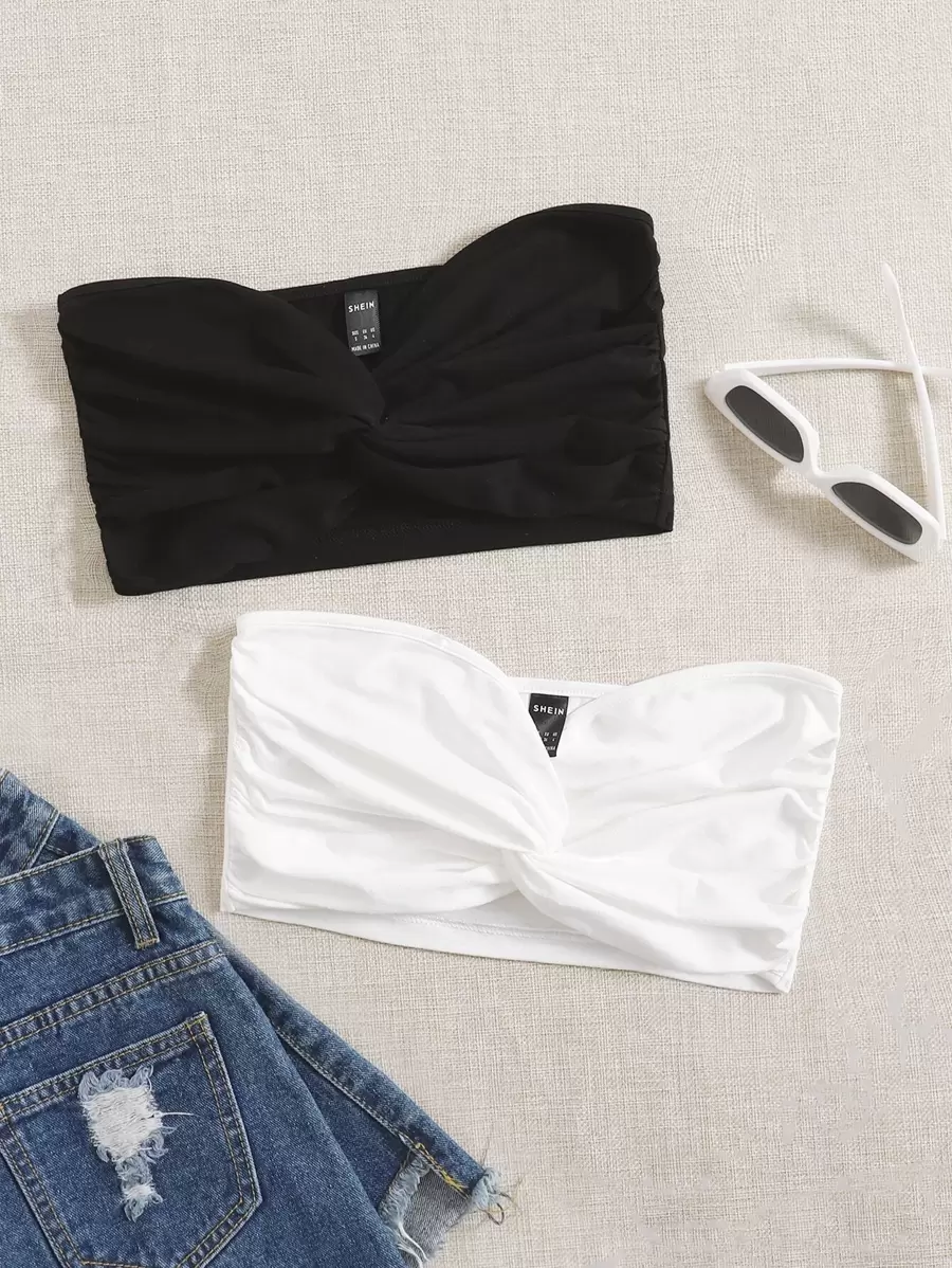 SHEIN Essnce Summer 2 Packs Twist Front Crop Corset Tube Top - Black and White - View 1