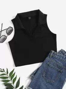 SHEIN EZwear V-collar Solid Tank Top - Black - View 2