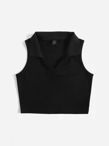 SHEIN EZwear V-collar Solid Tank Top - Black - View 4