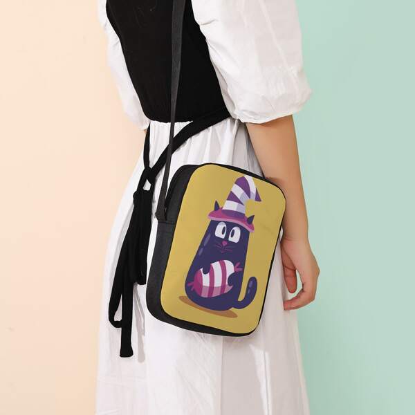 

Cartoon Cat Graphic Crossbody Bag, Multicolor
