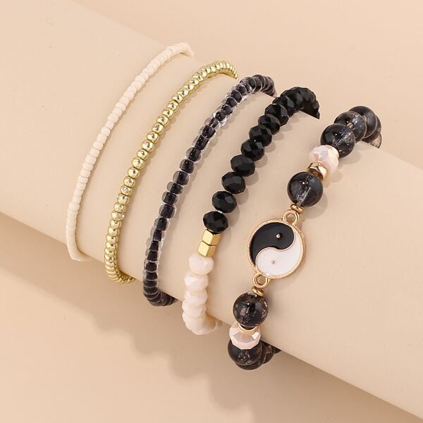

5pcs Yin & Yang Beaded Bracelet, Black