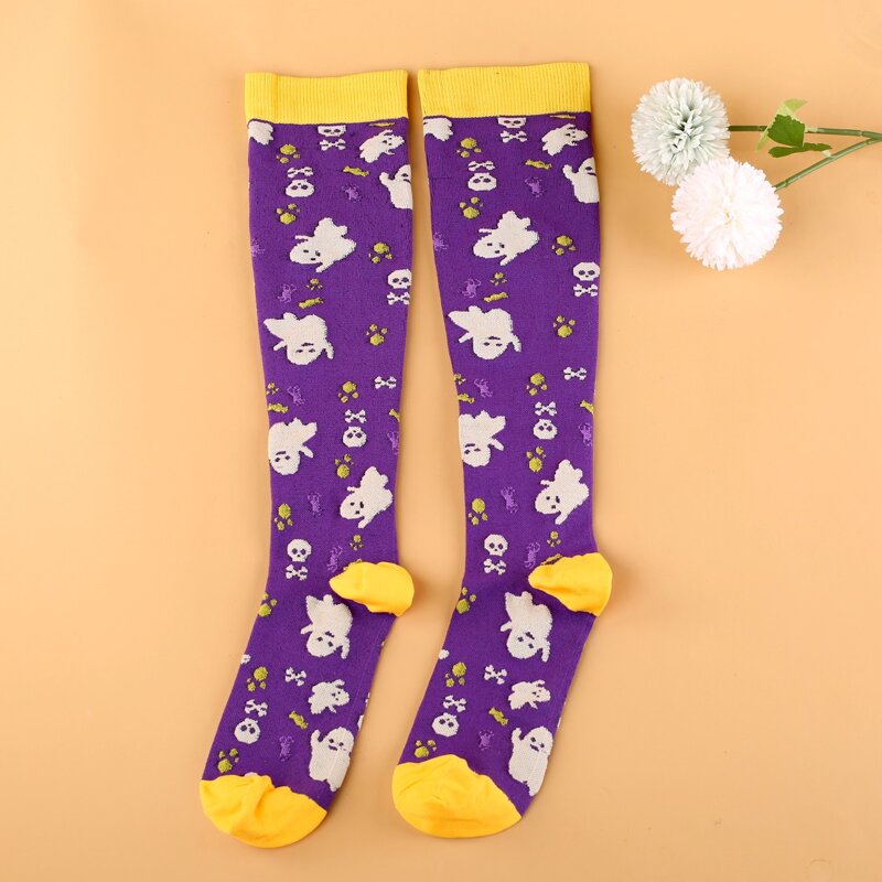 

Halloween Ghost & Skull Print Over The Calf Socks, Purple