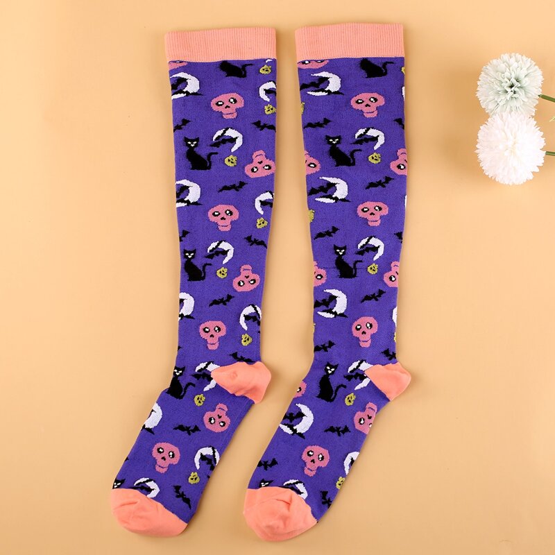 

Halloween Skull & Bat Print Over The Calf Socks, Purple