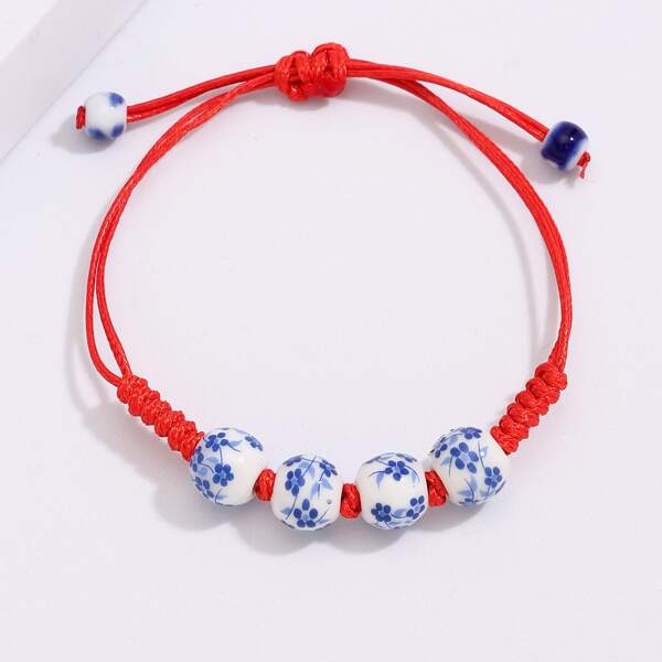

Flower Print Bead Decor Bracelet, Red