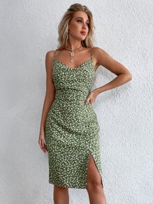 SHEIN VCAY Ditsy Floral Drape Neck Split Thigh Cami Dress - Green - View 4
