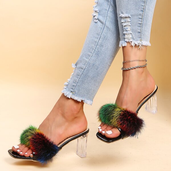 

Rainbow Fluffy Clear Chunky Mules, Multicolor
