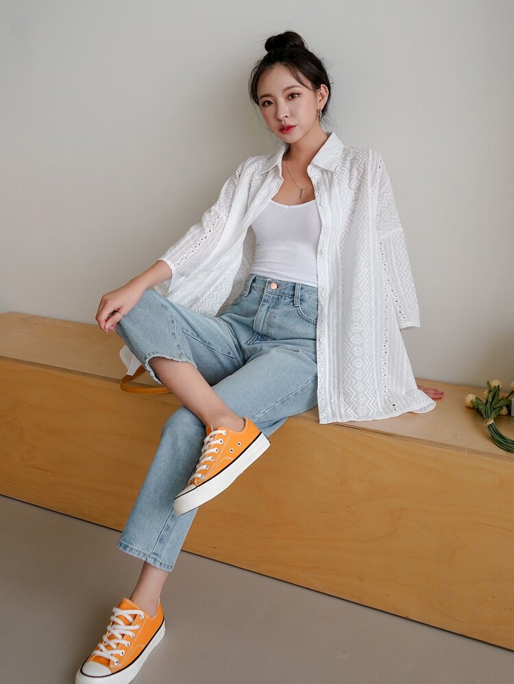 DAZY Camisa Bordado de ilhós Abotoar Manga Babado - Branco - Visão 5