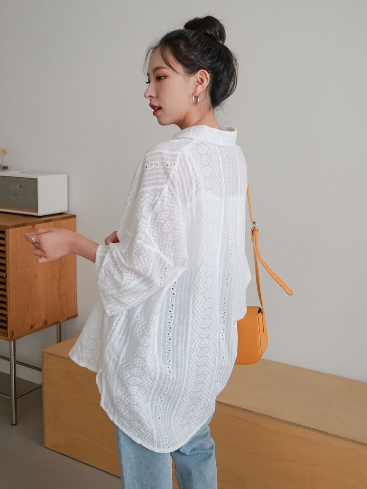 DAZY Camisa Bordado de ilhós Abotoar Manga Babado - Branco - Visão 8