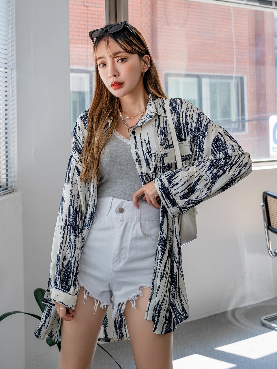 Allover Print Pocket Front Oversized Blouse