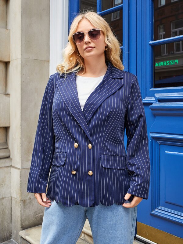 SHEIN Unity Plus Double Breasted Flap Detail Scallop Trim Blazer