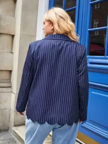 SHEIN Unity Plus Double Breasted Flap Detail Scallop Trim Blazer - Navy Blue - View 2