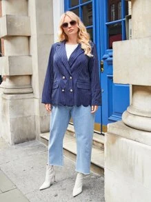 SHEIN Unity Plus Double Breasted Flap Detail Scallop Trim Blazer - Navy Blue - View 3