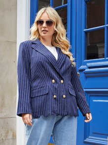 SHEIN Unity Plus Double Breasted Flap Detail Scallop Trim Blazer - Navy Blue - View 4