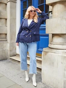 SHEIN Unity Plus Double Breasted Flap Detail Scallop Trim Blazer - Navy Blue - View 5