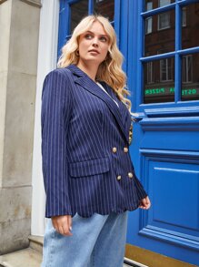 SHEIN Unity Plus Double Breasted Flap Detail Scallop Trim Blazer - Navy Blue - View 6