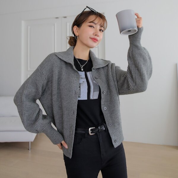 

Drop Shoulder Ribbed Knit Cardigan, Dark grey