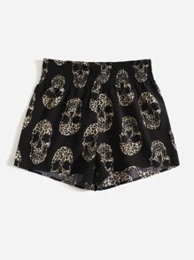 SHEIN LUNE Leopard Skeleton Print Shirred Shorts - Multicolor - View 6