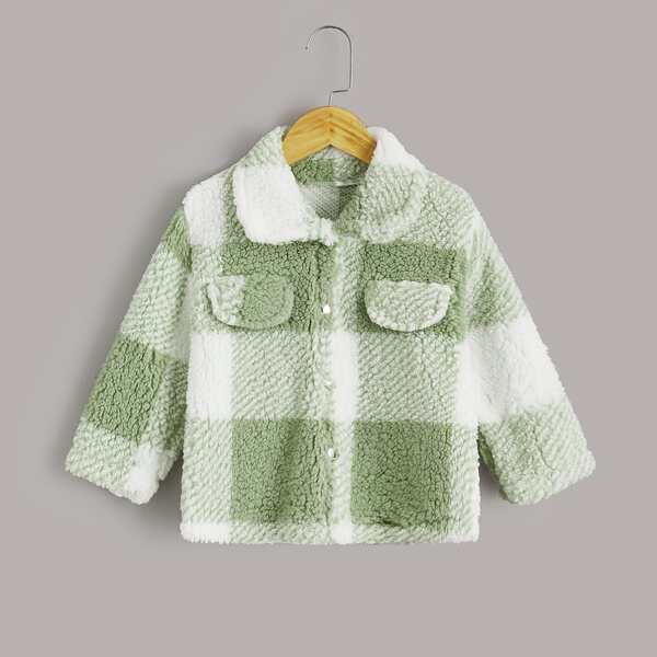 

Toddler Girls Plaid Single-breasted Teddy Jacket, Green