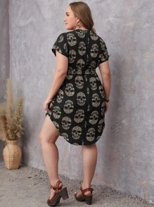 EMERY ROSE 大碼缺口V領豹紋骷髅頭圖案腰帶蝙蝠袖弧形下擺連衣裙 - 黑色 - 查看 2