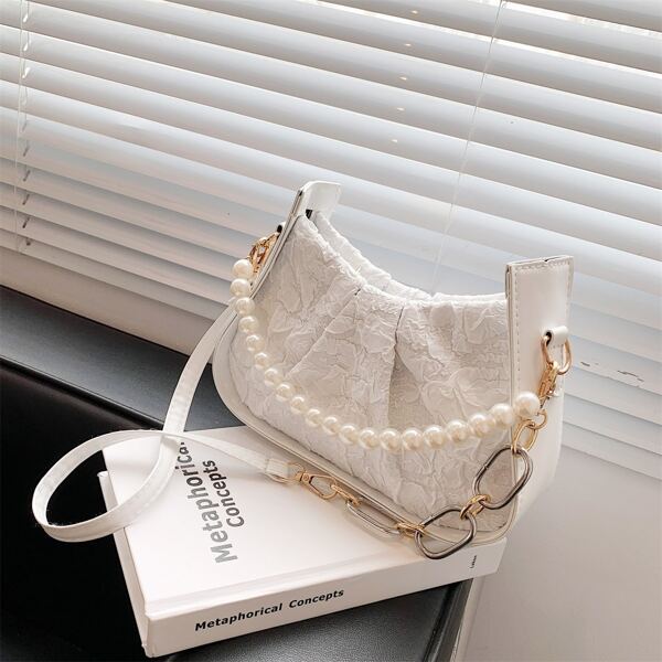 

Faux Pearl Decor Ruched Bag, White