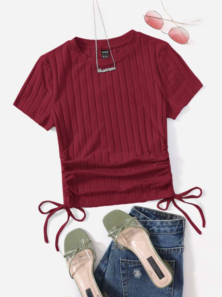 SHEIN EZwear 休闲纯色侧边抽绳短袖T恤，夏季 - 酒紅色 - 查看 1