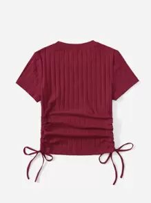 SHEIN EZwear تي شيرت كاجوال بأكمام قصيرة وسحاب جانبي، صيفي - عنابي اللون - مشاهدة 2