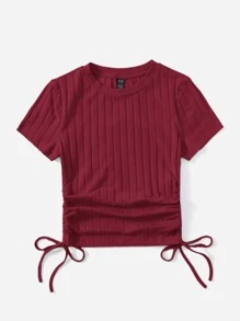 SHEIN EZwear تي شيرت كاجوال بأكمام قصيرة وسحاب جانبي، صيفي - عنابي اللون - مشاهدة 5