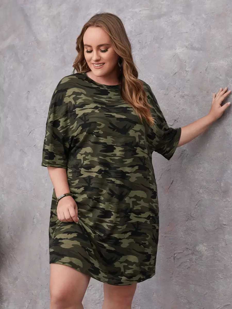 SHEIN LUNE Plus Camo Print Drop Shoulder Tee Dress - Multicolor - View 1
