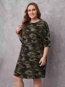 SHEIN LUNE Plus Camo Print Drop Shoulder Tee Dress - Multicolor - View 3