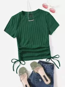 SHEIN EZwear 抽繩抽褶側羅紋針織T恤 - 墨綠色 - 查看 6