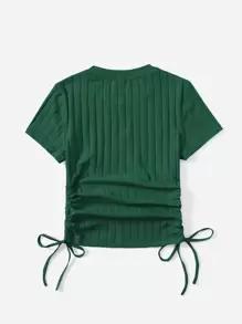 SHEIN EZwear 抽繩抽褶側羅紋針織T恤 - 墨綠色 - 查看 2
