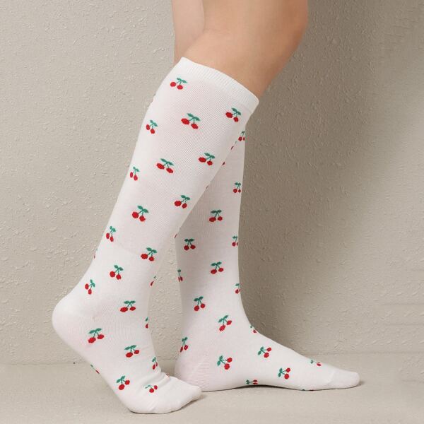 

Cherry Print Over The Calf Socks, Multicolor