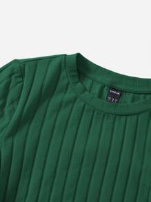 SHEIN EZwear 抽繩抽褶側羅紋針織T恤 - 墨綠色 - 查看 3