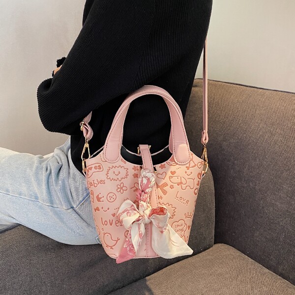 

Scarf Decor Cartoon Graphic Bucket Bag, Pink
