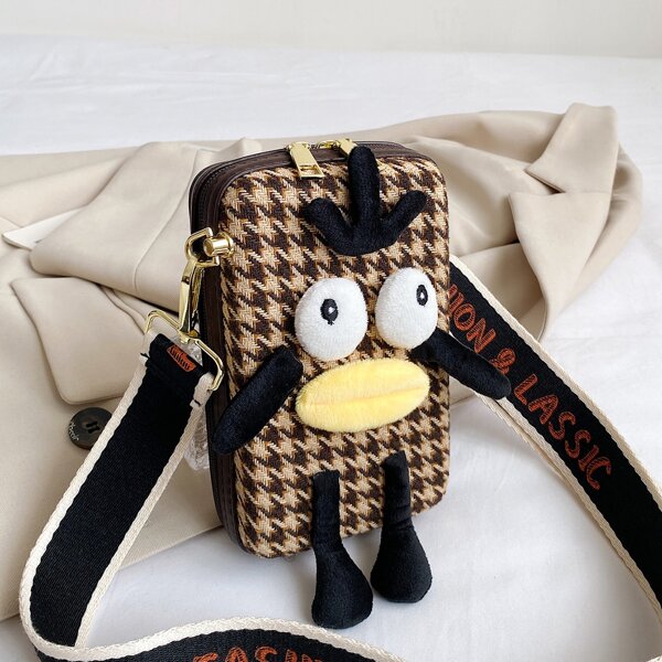 

Cartoon Design Houndstooth Pattern Box Bag, Khaki