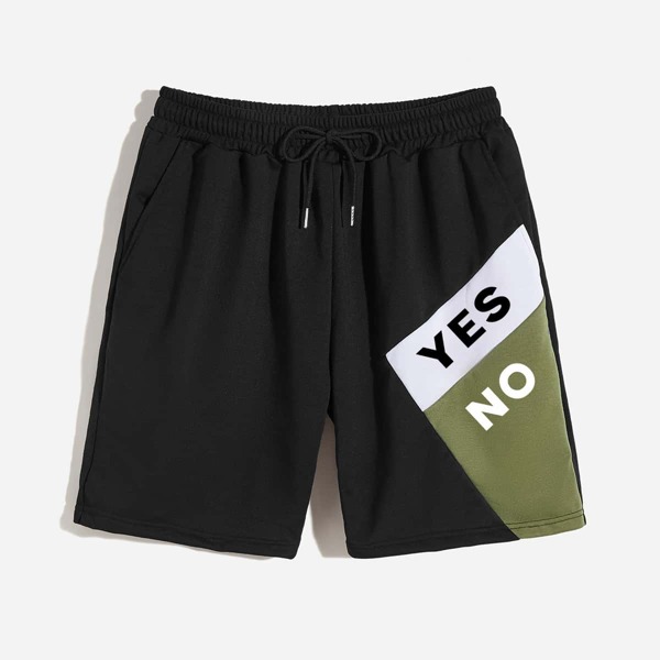 

Men Letter Graphic Drawstring Waist Athletic Shorts, Black